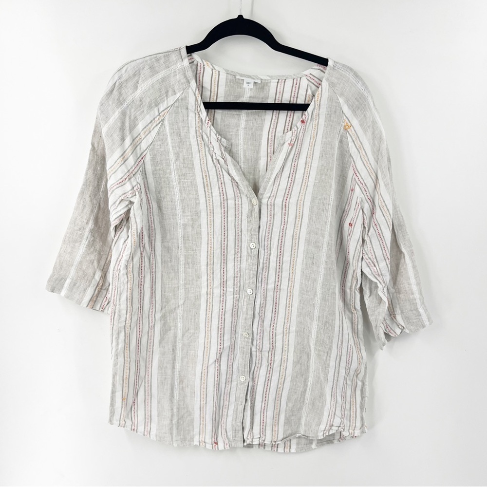 ✅ J. JILL LOVE LINEN 3/4 SLEEVE STRIPED BUTTON FRONT TOP SIZE MEDIUM CREAM/RED